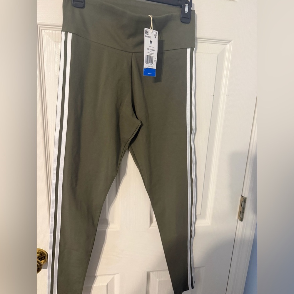 Womens Adidas 3 Stripe Leggings - Olive Strata - Size Medium
